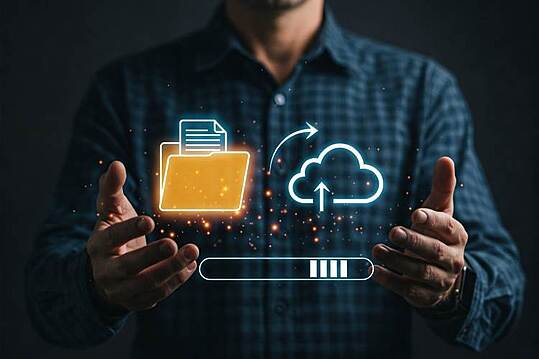 Digital file transfer to cloud with glowing icons and upload progress bar